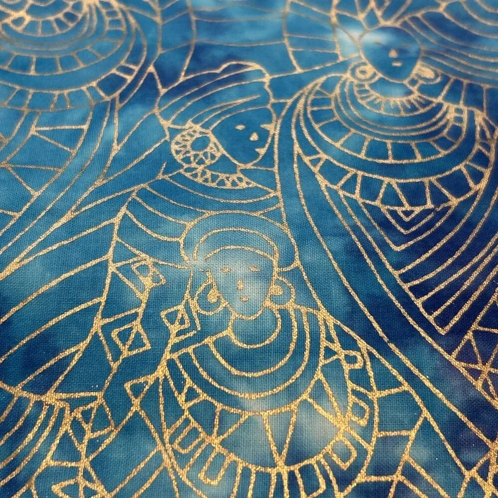 Cotton Quilting Fabric Tribal Print Batik Blue Goddess Gold Outline 3.3 Yd